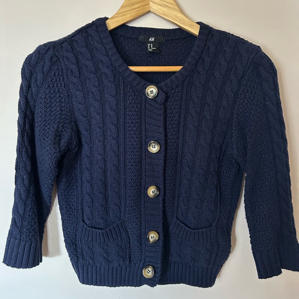 H&M Dark Blue Cable Knit Cropped Cardigan